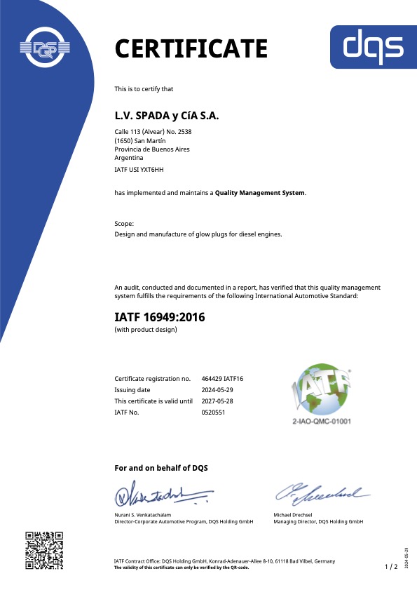 Certificado IATF 16949:2016 de L.V. Spada y Cía. S.A. - Diseño y fabricación de bujías incandescentes para motores diésel