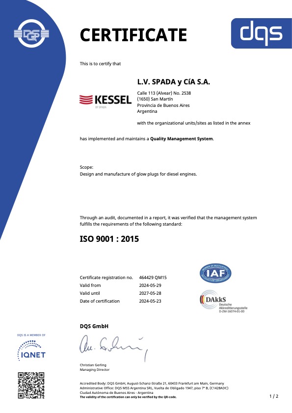 Certificado ISO 9001:2015 de L.V. Spada y Cía. S.A. - Versión en inglés