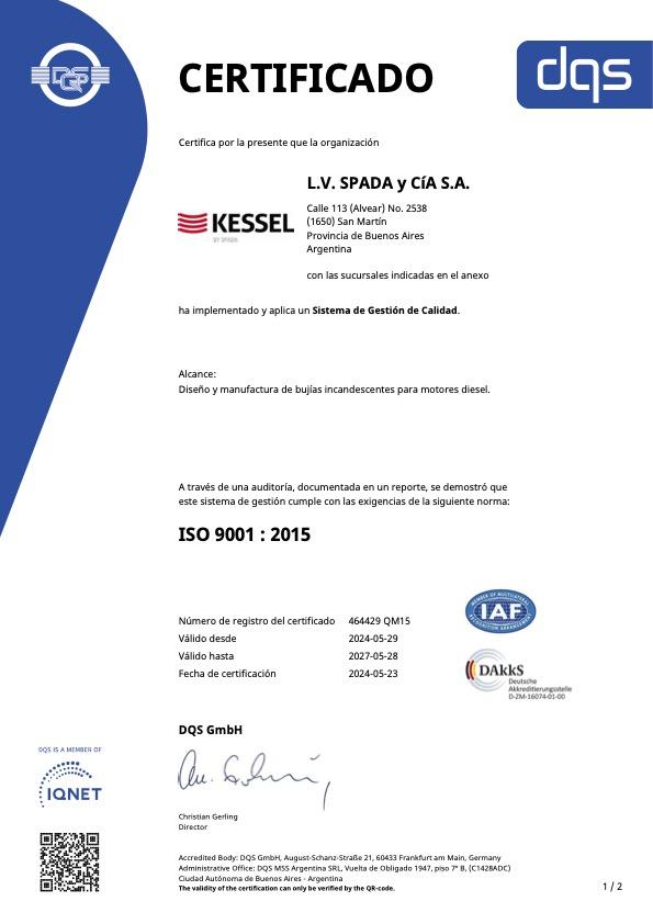 Certificado ISO 9001:2015 de L.V. Spada y Cía. S.A. - Versión en español